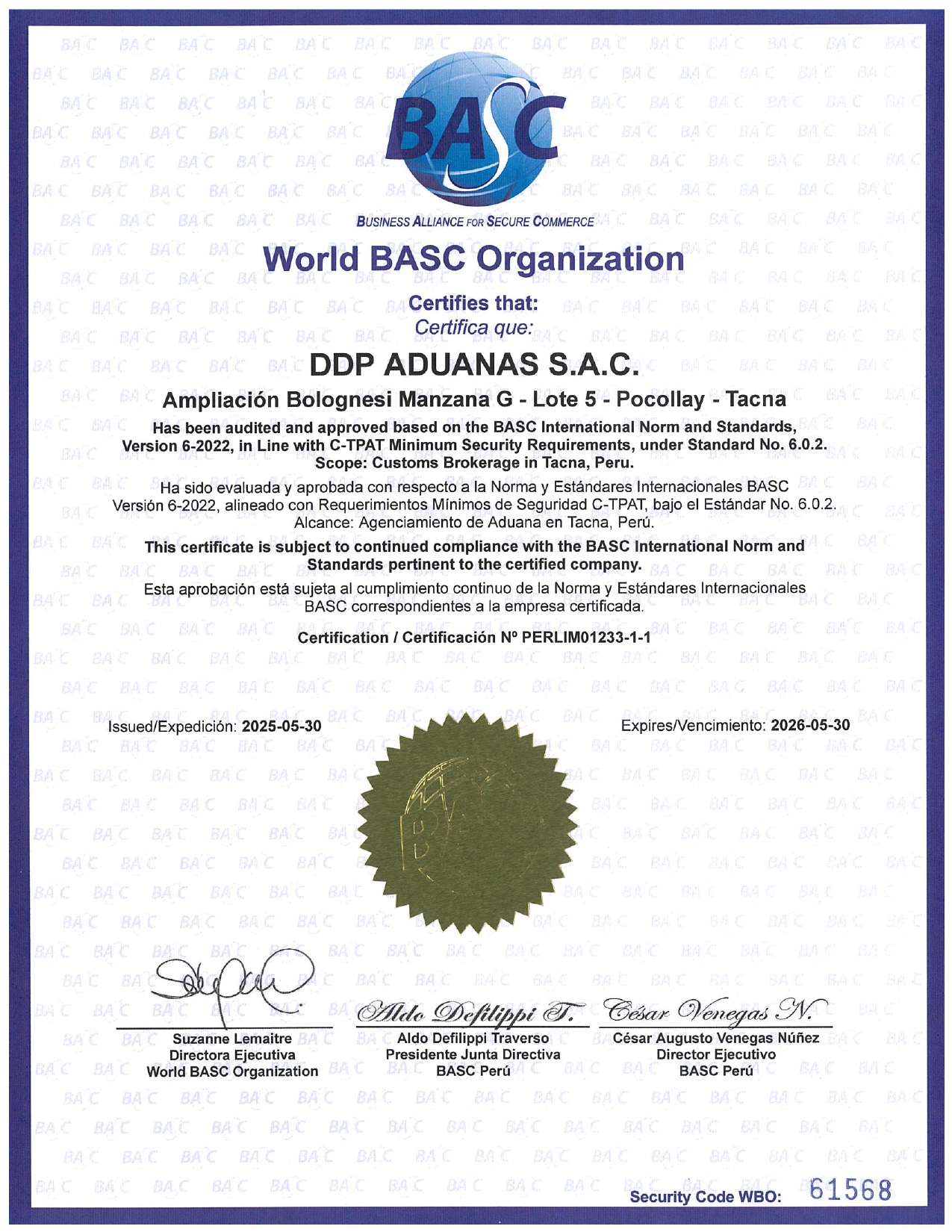 Certificado DDP ADUANAS SAC